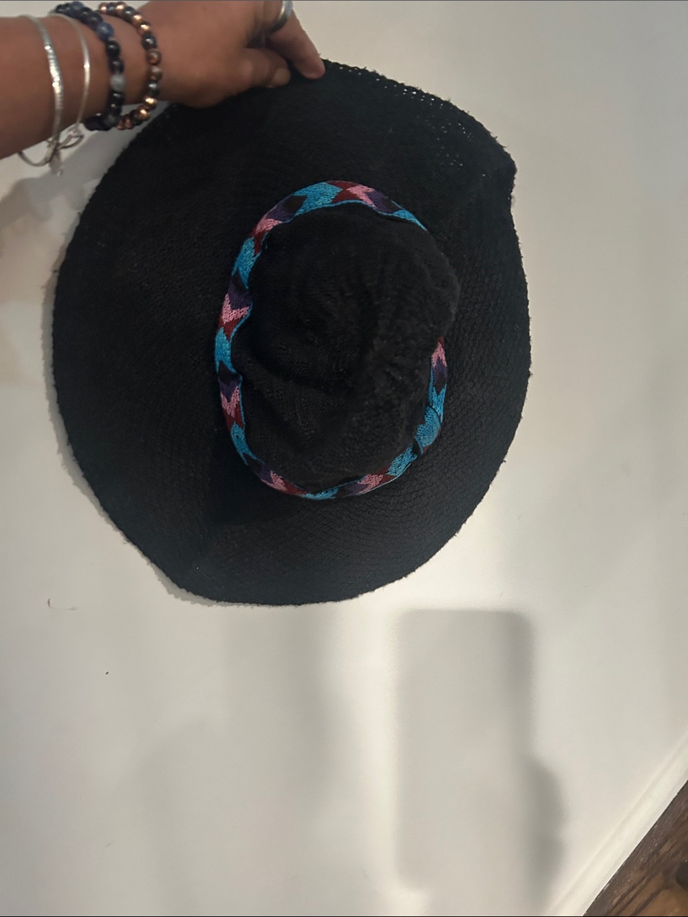 Black Wide-Brim Woven Sun Hat with Aztec Style Turquoise & Purple Band - Picture 9 of 9